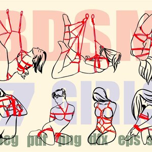 Peut inclure: Illustration num&eacute;rique de sept femmes attach&eacute;es avec une corde rouge dans diff&eacute;rentes poses. Les femmes sont dessin&eacute;es en noir et blanc, et la corde est rouge. L'image est une illustration num&eacute;rique.