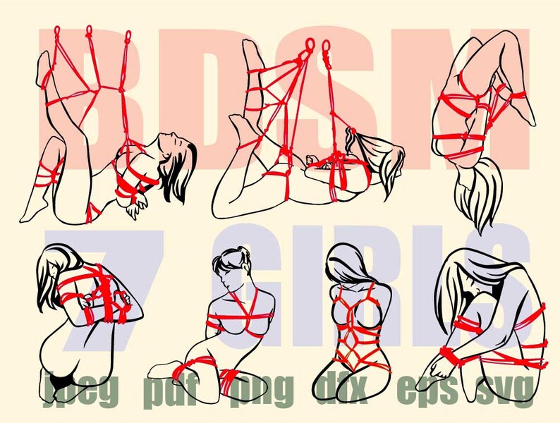 Peut inclure: Illustration num&eacute;rique de sept femmes attach&eacute;es avec une corde rouge dans diff&eacute;rentes poses. Les femmes sont dessin&eacute;es en noir et blanc, et la corde est rouge. L'image est une illustration num&eacute;rique.