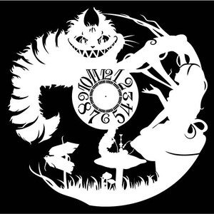 May include: Black and white silhouette illustration of the Cheshire Cat from Alice in Wonderland with a clock face and a silhouette of Alice in a dress. The clock face has Roman numerals and the words "10, 9, 8, 7, 6, 5, 4, 3, 2, 1, 12".
