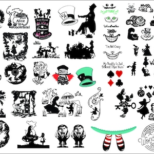 Svg Alice aux merveilles, ensemble Svg Alice, lapin blanc, Svg Alice chat, nous sommes tous fous ici Svg, lot Svg, graveur laser, Alice Cricut