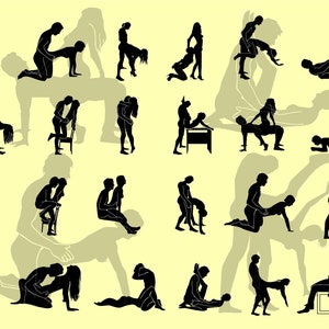 Könnte beinhalten: Eine Schwarzweißillustration von 20 verschiedenen Paaren in verschiedenen Positionen. Die Illustration befindet sich auf einem hellgelben Hintergrund.