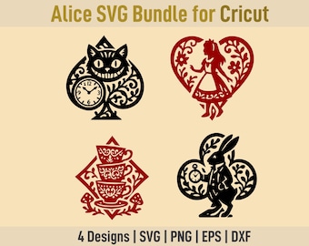 Alice in Wonderland SVG Bundle | Cheshire Cat, Alice, Rabbit Playing Card Designs (Digital Download)