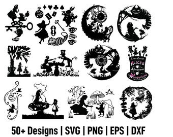 Può includere: Una collezione di disegni digitali a silhouette nera con personaggi e scene di Alice nel Paese delle Meraviglie, tra cui lo Stregatto, il Cappellaio Matto e il Bianconiglio, con il testo 50+ Designs | SVG | PNG | EPS | DXF.