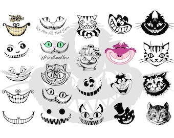 Può includere: Una collezione di sorrisi e volti di Gatto del Cheshire in bianco e nero, tra cui un Gatto del Cheshire rosa con un ampio sorriso. Il testo "We are all mad here" è incluso due volte.