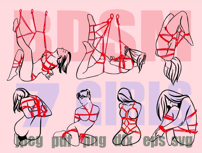 Peut inclure: Illustration num&eacute;rique de sept femmes attach&eacute;es avec une corde rouge dans diff&eacute;rentes poses. Les femmes sont dessin&eacute;es de mani&egrave;re simple et stylis&eacute;e. L'arri&egrave;re-plan est de couleur rose clair.
