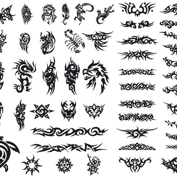 Tatouage tribal SVG, ensemble de 50 tatouages, tatouage motif svg, fichier vectoriel en couches découpé Silhouette camée Cricut Design pochoir vinyle autocollant Tshirt Svg