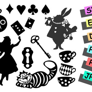 Alice Svg. Alice aux merveilles ensemble Svg, Alice aux merveilles SVG pour Cricut, chat, téléchargement immédiat, merveille, CRICUT, horloge svg, Silhouette, thé svg,