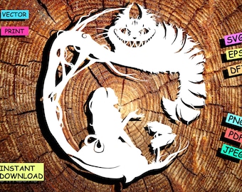 Cheshire Cat Papercut Laser Cut SVG, Alice Wonderland Wood Wall Art, CNC File DXF, Instant Download