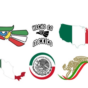 May include: A collection of images related to Mexico. The images include a stylized eagle, a seal with the text "Estados Unidos Mexicanos", a map of Mexico with the Mexican flag, a map of the United States with the Mexican flag, and the text "Hecho en Mexico".