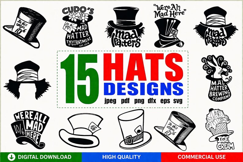 Hatter Text Mad Hatter Hats SVG Bundle, 15 Designs, Alice in Wonderland SVG, Cricut ...