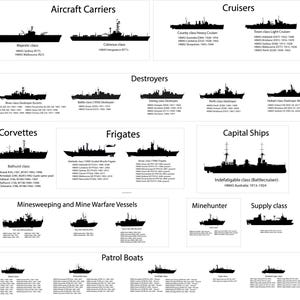 May include: A black and white diagram of various naval vessels, including aircraft carriers, cruisers, destroyers, corvettes, frigates, capital ships, minesweeping vessels, minehunters, supply ships, and patrol boats. Each vessel type is labeled with its class and specific ship names.