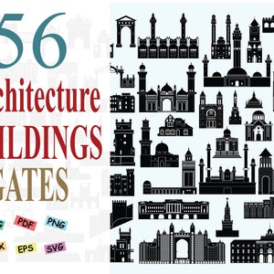May include: A collection of 56 black and white silhouette illustrations of architectural buildings and gates. The illustrations are arranged in rows and columns on a light blue background. The text "56 Architecture Buildings Gates" is displayed in the upper left corner of the image.