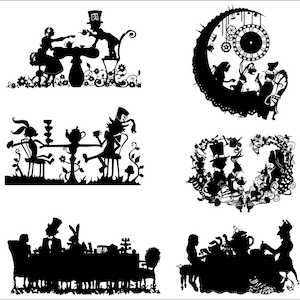 Ensemble SVG Tea Party-Alice aux merveilles, chapelier fou, lapin, horloge-Silhouette fichiers Cricut pour l'artisanat, tea time SVG Bundle - SVG pour Cricut