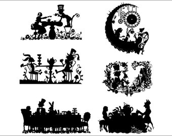 Tee-Party SVG-Set -Alice in Wunder, Mad Hatter, Kaninchen, Uhr - Silhouette Cricut-Dateien zum Basteln, Tee-Zeit SVG-Bundle - SVG für Cricut