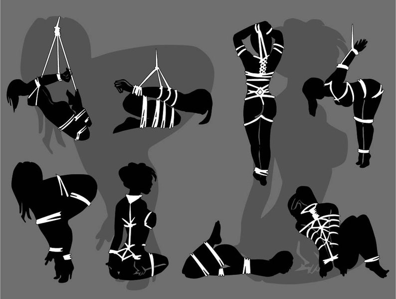 May include: Silhouettes of people tied up with rope in various poses. The ropes are white and the figures are black.