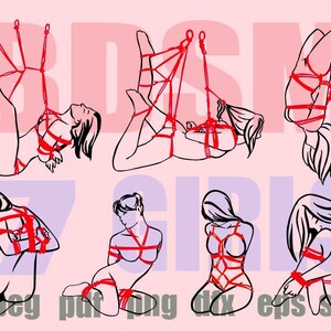 Peut inclure: Illustration num&eacute;rique de sept femmes attach&eacute;es avec une corde rouge dans diff&eacute;rentes poses. Les femmes sont dessin&eacute;es de mani&egrave;re simple et stylis&eacute;e. L'arri&egrave;re-plan est de couleur rose clair.