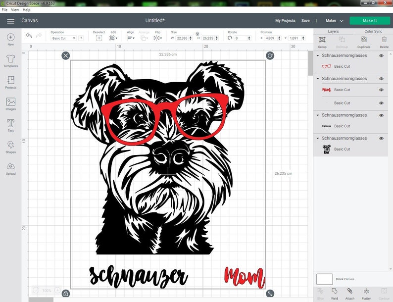 May include: Black and white silhouette of a Schnauzer dog wearing red glasses with the text "Schnauzer Mom" underneath.