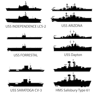 USS 海軍艦艇シルエット ファイル - Hms ソールズベリー、USS アリゾナ、USS デイトン、USS インディペンデンス、USS サラトガ、Cricut 用 svg