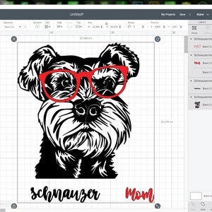 Puede incluir: Silueta en blanco y negro de un perro Schnauzer con gafas rojas y el texto "Schnauzer Mom" debajo.