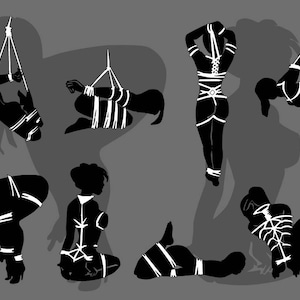 May include: Silhouettes of people tied up with rope in various poses. The ropes are white and the figures are black.