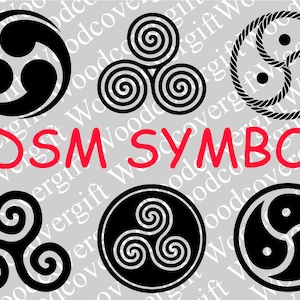 Könnte beinhalten: Eine Sammlung von schwarz-weißen BDSM-Symbolen, darunter Spiralen, ein Design mit drei Kreisen und ein seilartiger Knoten. Der rote Text "BDSM SYMBOL" wird auf einem grauen Hintergrund angezeigt.