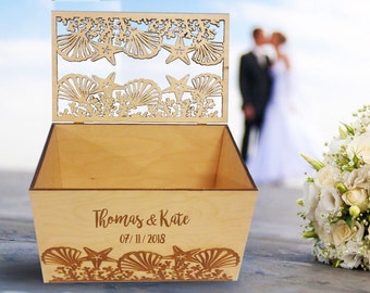 Personalized names of bride and groom on wedding card box with slot in Tropical style engraved  on the front side. Card box in beach style