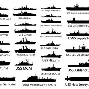 May include: A series of black silhouettes depicting various naval vessels, including aircraft carriers, destroyers, and submarines. Each ship is identified with its name and designation, such as USS Saratoga CV-3 and USS Ashland LSD 48.