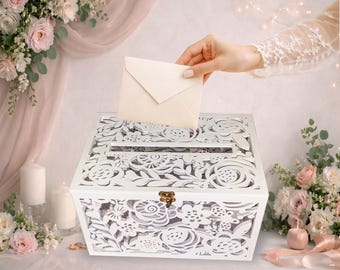 Floral Lace Wedding Card Box | White Keepsake Money Holder with Lock