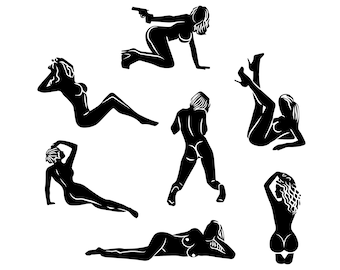 Lot fille sexy svg, ensemble de sept poses de femmes en noir et blanc-sexy-silhouettes-de-filles-nues-in-diverses-poses-girls-sexual-sit-lie