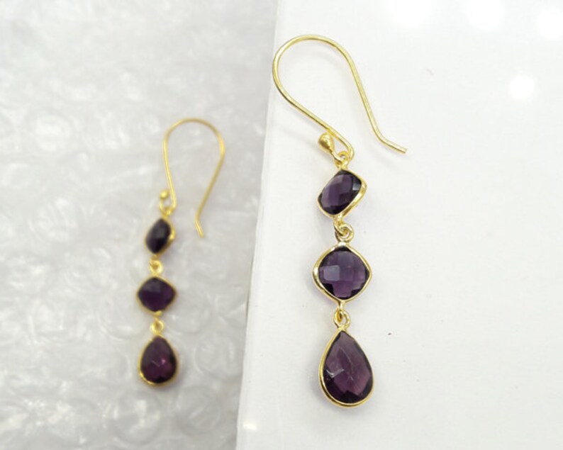 Amethyst Dangle Earrings,3 Gemstone Earrings,Sterling silver Earring,18k Gold plated,Bezel earring,February Birthstone,wedding Gift,gift4her
