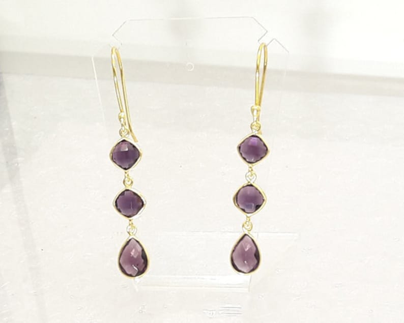 Amethyst Dangle Earrings,3 Gemstone Earrings,Sterling silver Earring,18k Gold plated,Bezel earring,February Birthstone,wedding Gift,gift4her