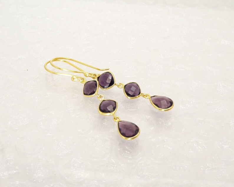 Amethyst Dangle Earrings,3 Gemstone Earrings,Sterling silver Earring,18k Gold plated,Bezel earring,February Birthstone,wedding Gift,gift4her