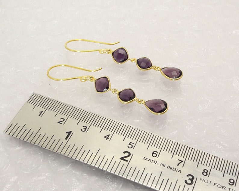 Amethyst Dangle Earrings,3 Gemstone Earrings,Sterling silver Earring,18k Gold plated,Bezel earring,February Birthstone,wedding Gift,gift4her