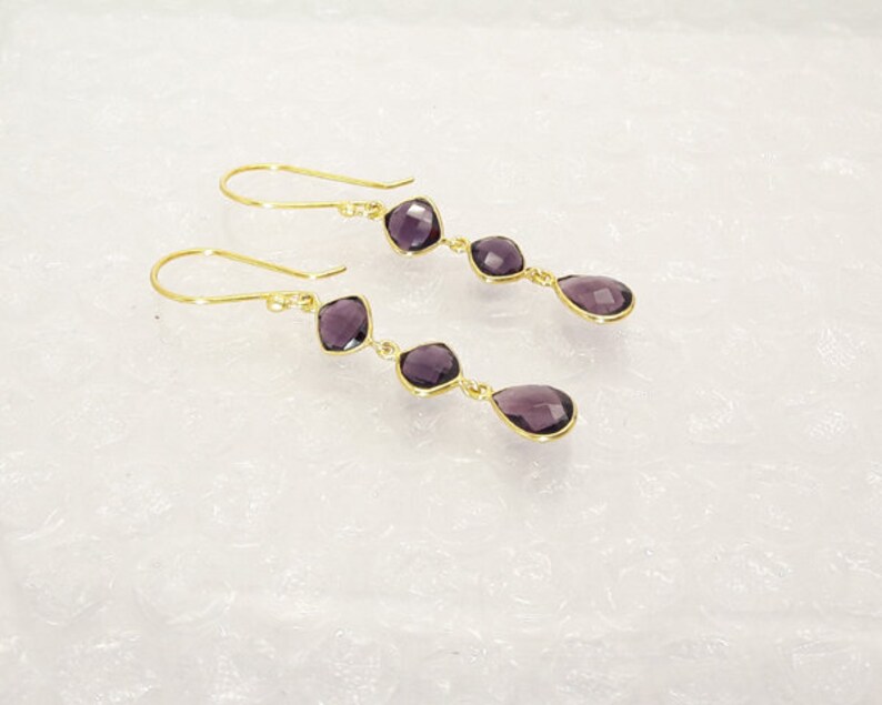 Amethyst Dangle Earrings,3 Gemstone Earrings,Sterling silver Earring,18k Gold plated,Bezel earring,February Birthstone,wedding Gift,gift4her