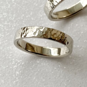 Hammered solid 14k gold wedding ring, White 14k gold unisex wedding ring, Men&#39;s wedding ring, Men&#39;s engagement ring, Minimalist wedding ring