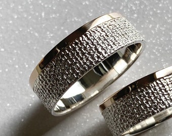 Wide mixed metal wedding ring, Men's engagement ring, Silver and gold ring, Fabric textured ring, Silver wedding ring, Unisex wedding ring