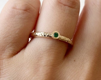 Hammered 14K Gold Emerald Ring: Dainty Gemstone Promise Ring