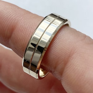 6 MM men wedding ring in 14K solid gold, Unisex modern wedding ring, Matching wedding bands for couple, Grooved 14k gold wedding rings