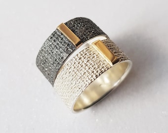 Ring size 6, Unisex black silver with gold accent, Oxidized sterling silver wide ring, Unique everyday ring for her, Jewelry gift idea