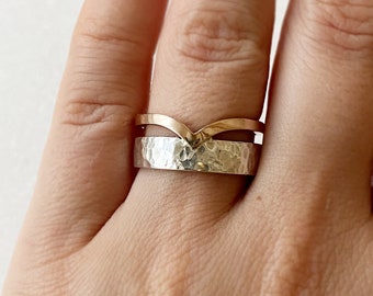 Modern silver and gold statement ring, 14k solid gold ring, Minimalist unique ring for her, Alternative bridal ring idea for her, Wife gift