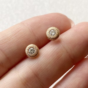 Dainty diamond earrings, Tiny 6mm everyday earrings with genuine diamonds, Subtle button earrings, Yellow gold diamond earrings GF Gift idea image 2