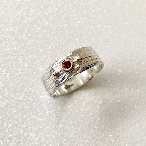 Wide mixed metal ring with January birthstone Garnet, Geniune tiny garnet ring, Handmade sterling silver ring with gold accents image 1