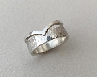 Contemporary silver ring, Double sterling silver statement ring, Unique silver ring, Gift idea for girlfriend, Wide silver ring for women