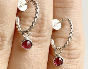 Delicate Twisted Hoop Earrings With Dangling Rhodolite Garnet Cabochon Charm, Everyday lighweight silver hoop studs