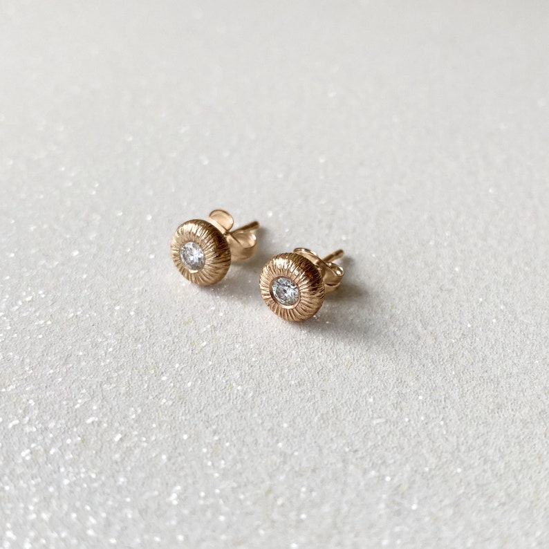 Dainty diamond earrings, Tiny 6mm everyday earrings with genuine diamonds, Subtle button earrings, Yellow gold diamond earrings GF Gift idea image 3