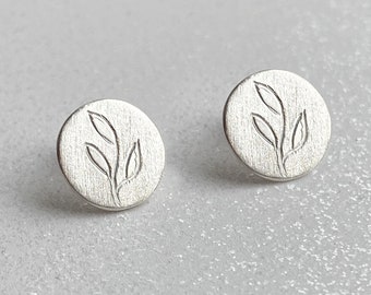 Delicate Laurel Motif Stud Earrings Dainty Everyday Sterling Silver Earrings Lightweight Floral Button Earrings Push Back Closure Gift Idea