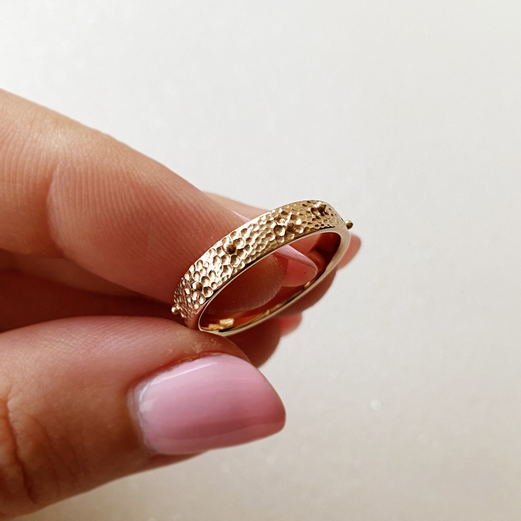 Flat 14k Rose Gold Ring With Texture and Small Bubbles Boho Style