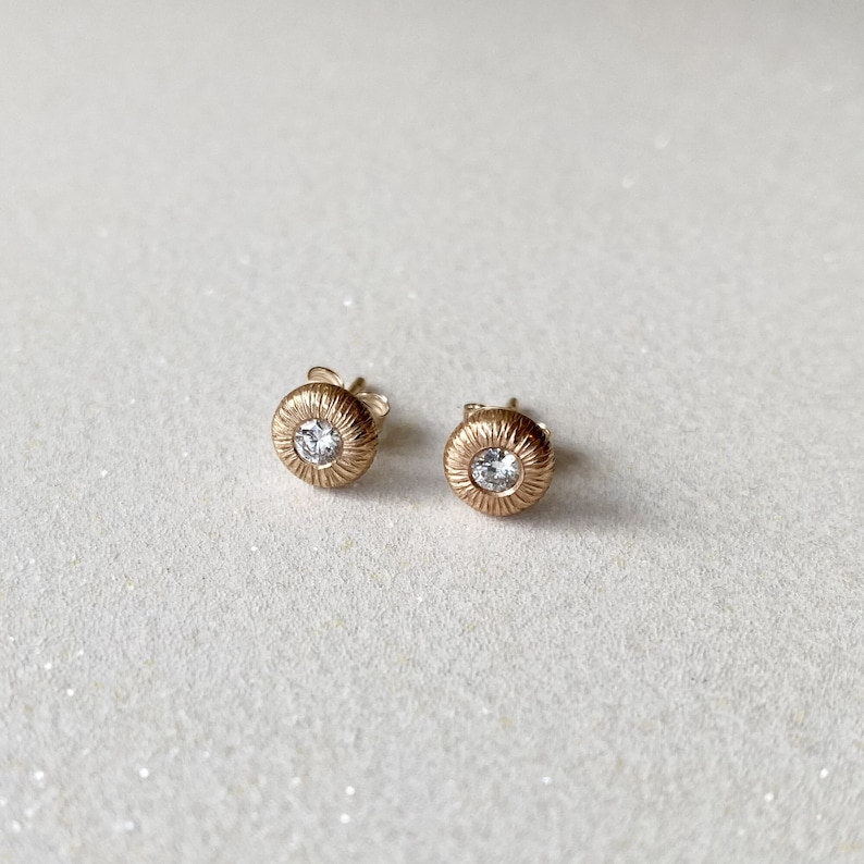 Dainty diamond earrings, Tiny 6mm everyday earrings with genuine diamonds, Subtle button earrings, Yellow gold diamond earrings GF Gift idea image 1