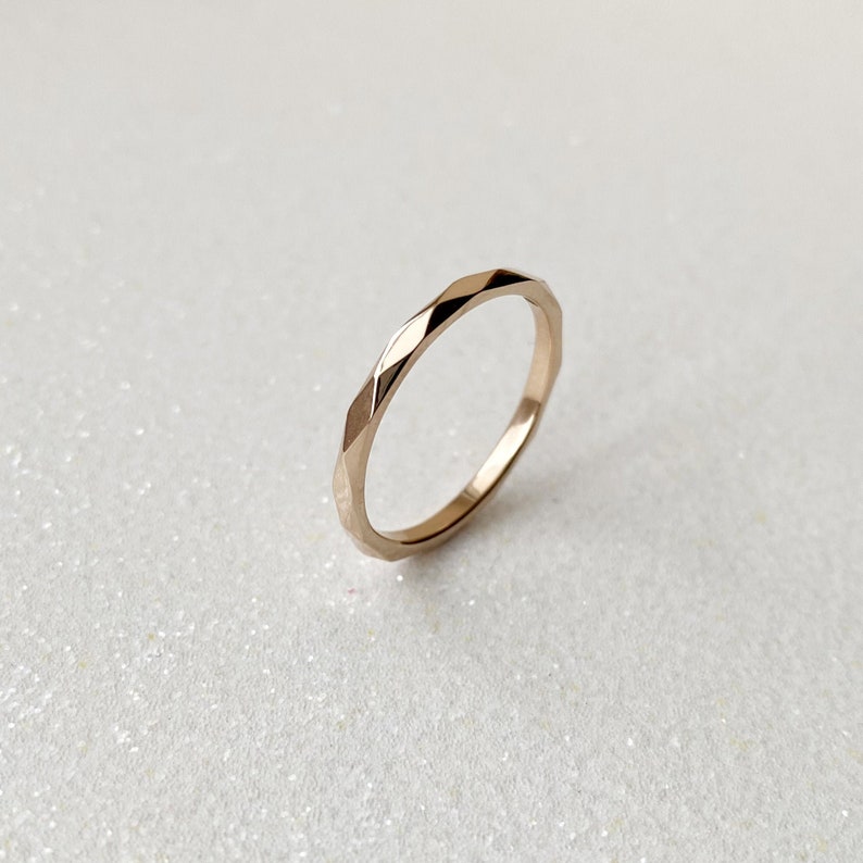 Thin faceted solid 14k gold ring, Minimalist gold stacking ring, Thin rose gold wedding ring, Delicate rose gold ring, Dainty rose gold ring image 1