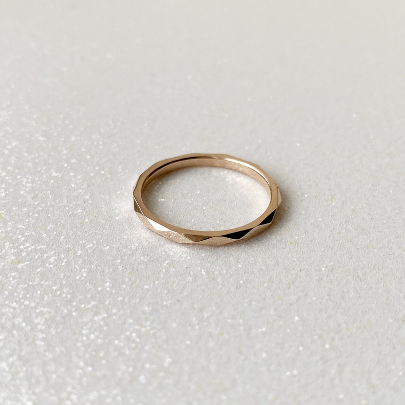 Thin faceted solid 14k gold ring, Minimalist gold stacking ring, Thin rose gold wedding ring, Delicate rose gold ring, Dainty rose gold ring image 2